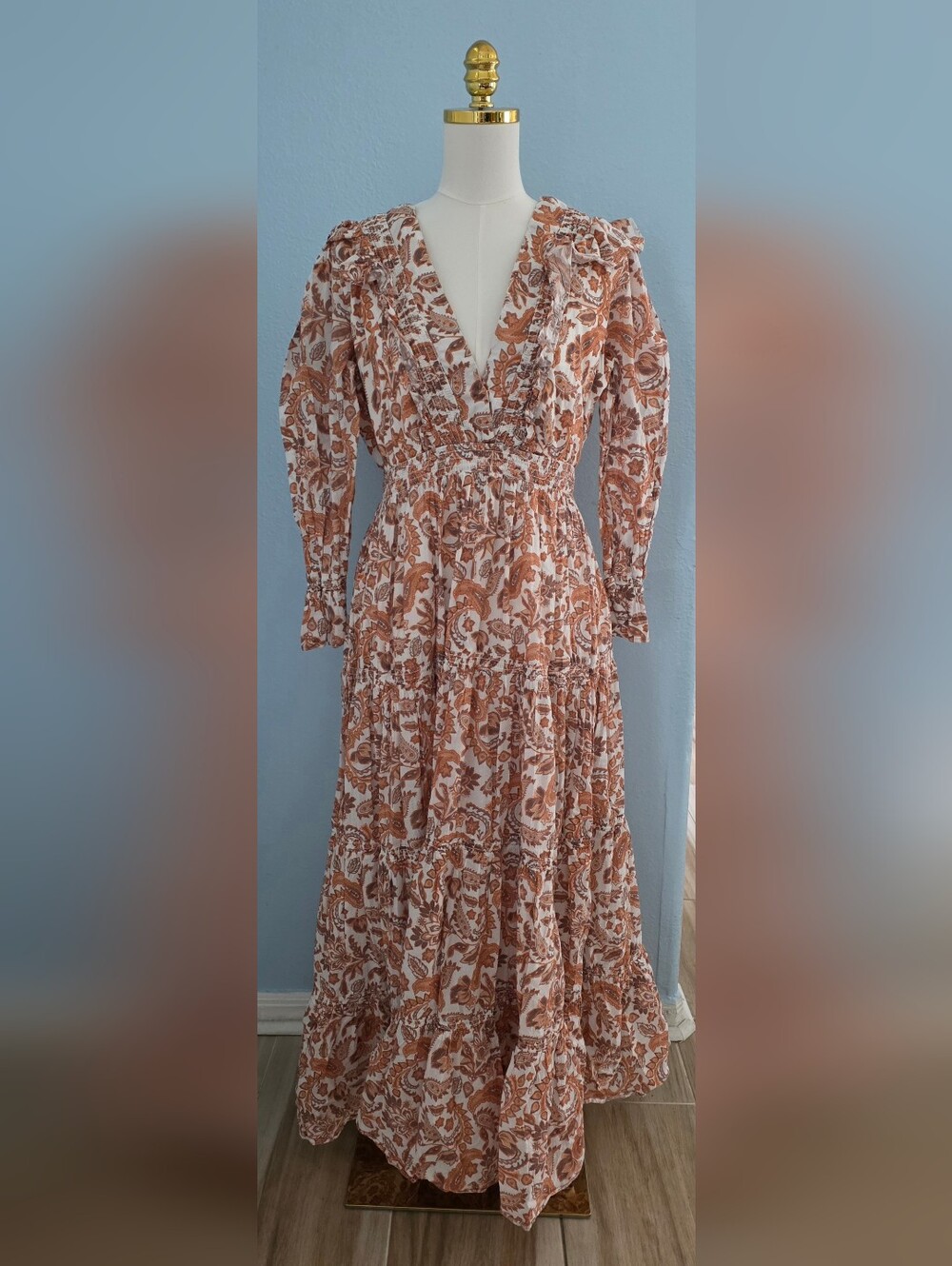 Maje Paisley Ruffle-Trim Maxi Dress in Rust and Cream